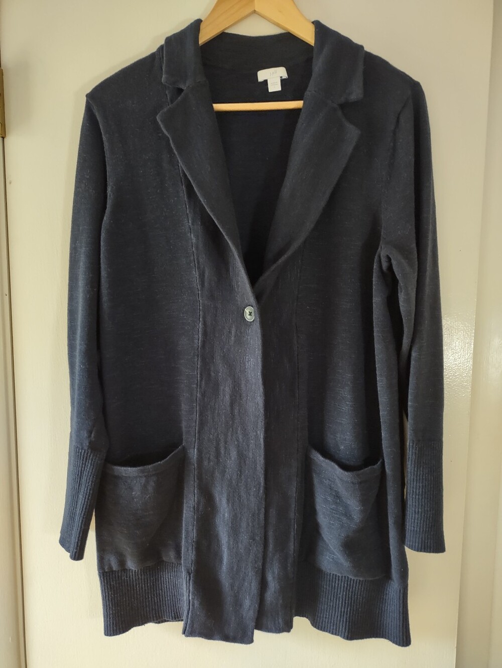 J.Jill Women's L Navy Blue Knit Cardigan Sweater 1 Button Long Sleeve Pockets